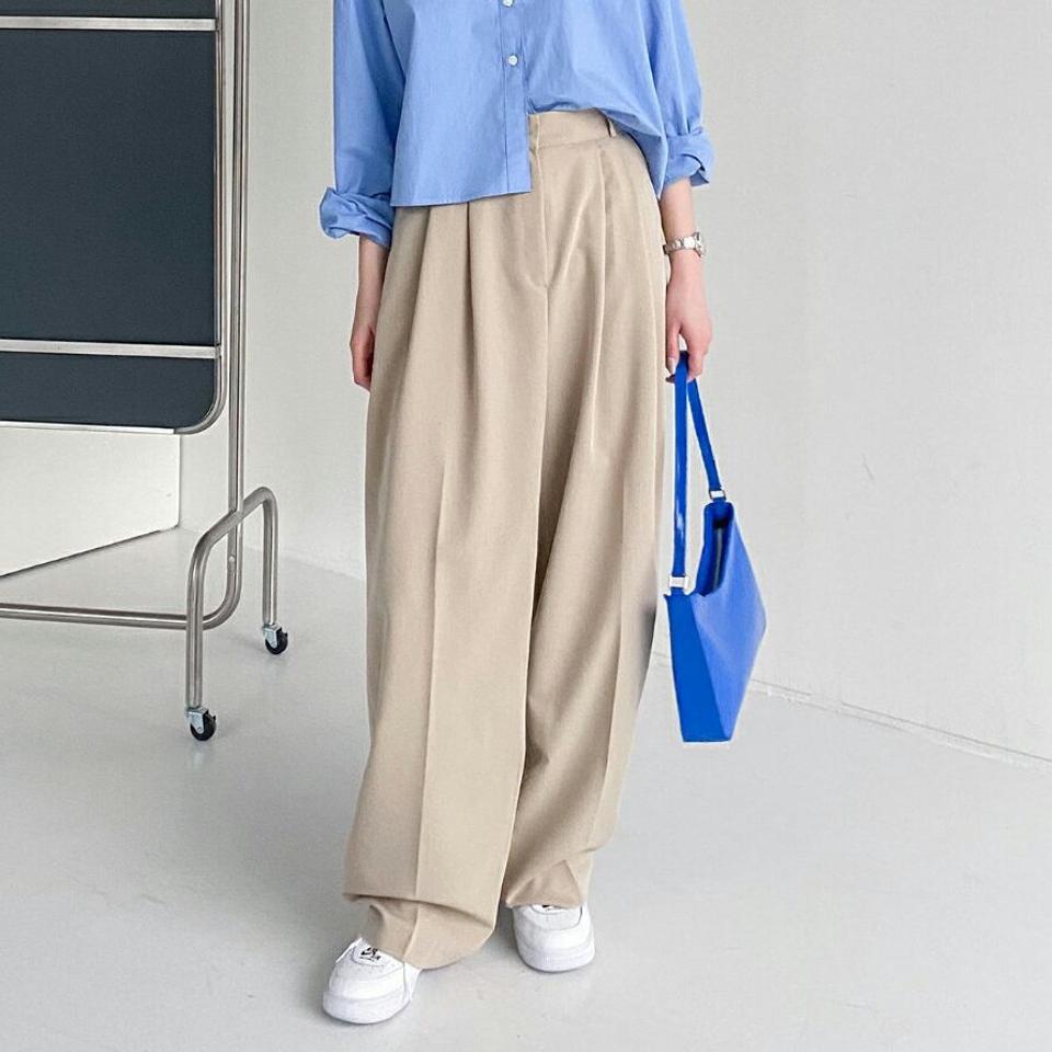 【マラソン特価】ツータックワイドスラックス・p000123 レディース 【pt】パンツ ズボン ロング ワイド ツータック 単色 無地 シンプル ベーシック 大人 きれいめ オケージョン オフィス カジュアル 秋 冬 韓国ファッション MKT