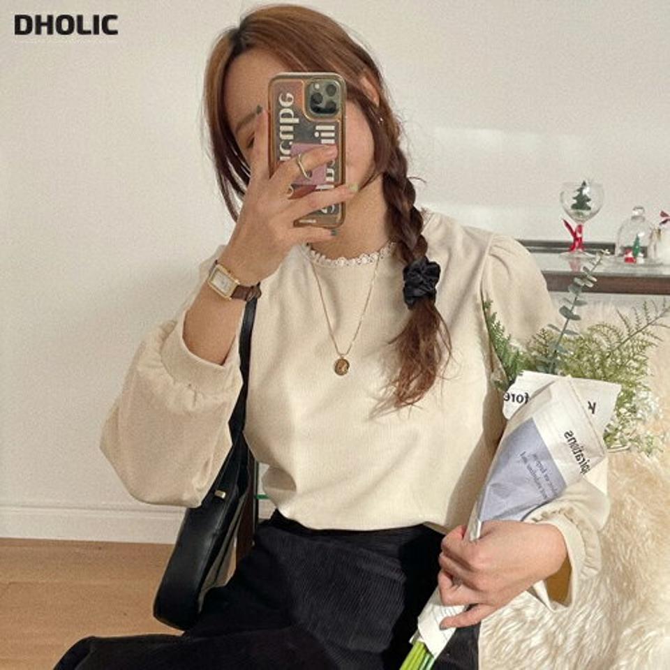 コーデュロイレースネックブラウス・p000083 レディース 【bl】トップス ブラウス 長袖 レース コーデュロイ フェミニン シンプル 単色 無地 ラウンドネック かわいい 大人 秋 冬 韓国ファッション MKT