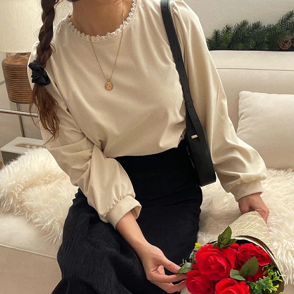 コーデュロイレースネックブラウス・p000083 レディース 【bl】トップス ブラウス 長袖 レース コーデュロイ フェミニン シンプル 単色 無地 ラウンドネック かわいい 大人 秋 冬 韓国ファッション MKT