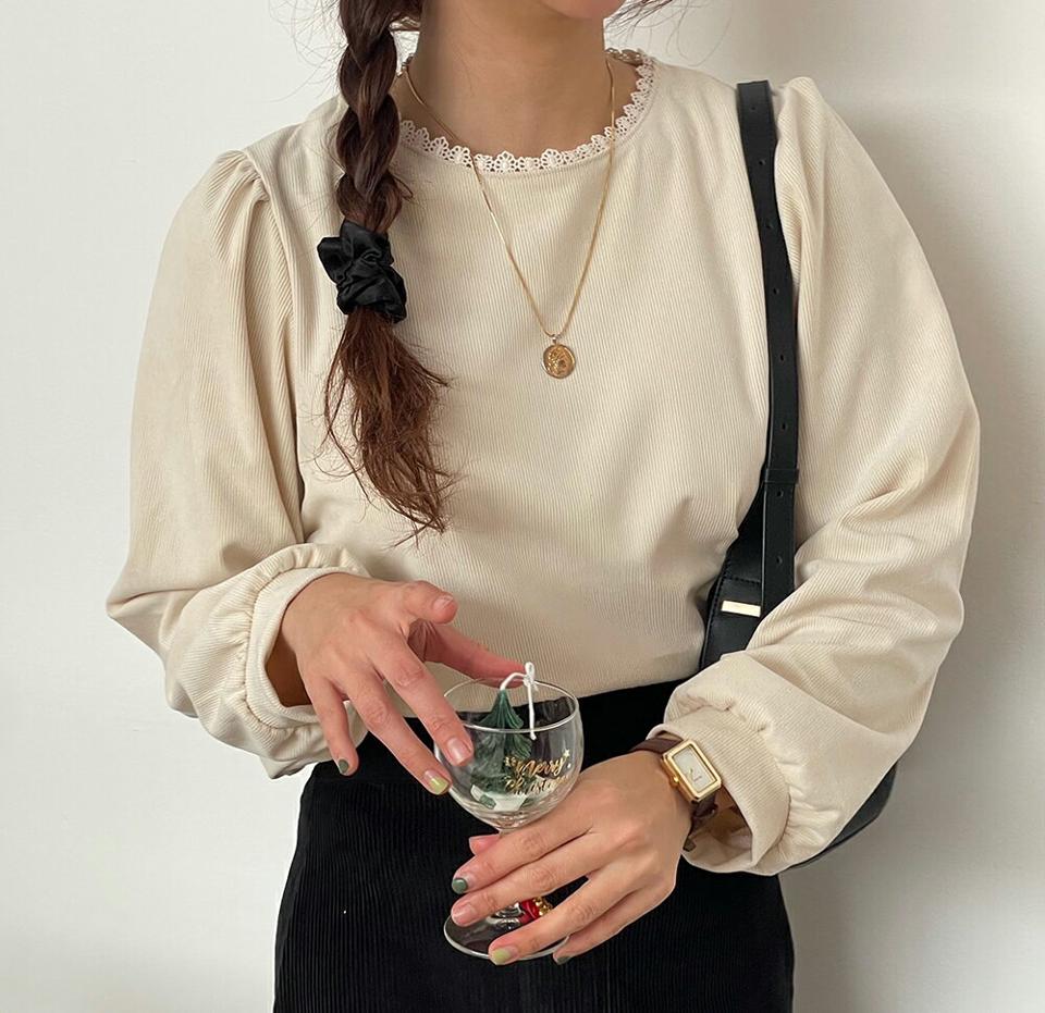 コーデュロイレースネックブラウス・p000083 レディース 【bl】トップス ブラウス 長袖 レース コーデュロイ フェミニン シンプル 単色 無地 ラウンドネック かわいい 大人 秋 冬 韓国ファッション MKT