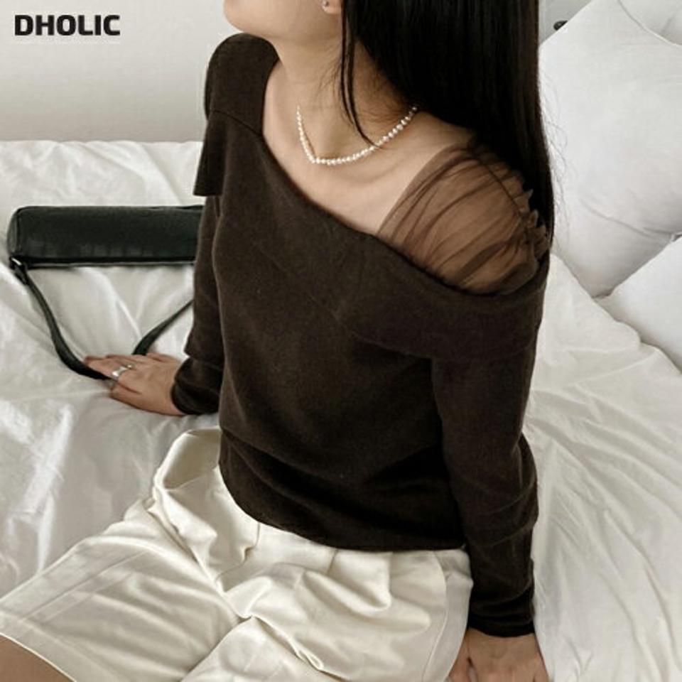 アンバランスシアーショルダーニット・p000073 レディース 【tops】トップス ニット 長袖 アンバランス シアー シースルー 透け感 袖コン デコルテ シンプル かわいい 可愛い 大人 秋 冬 韓国ファッション MKT