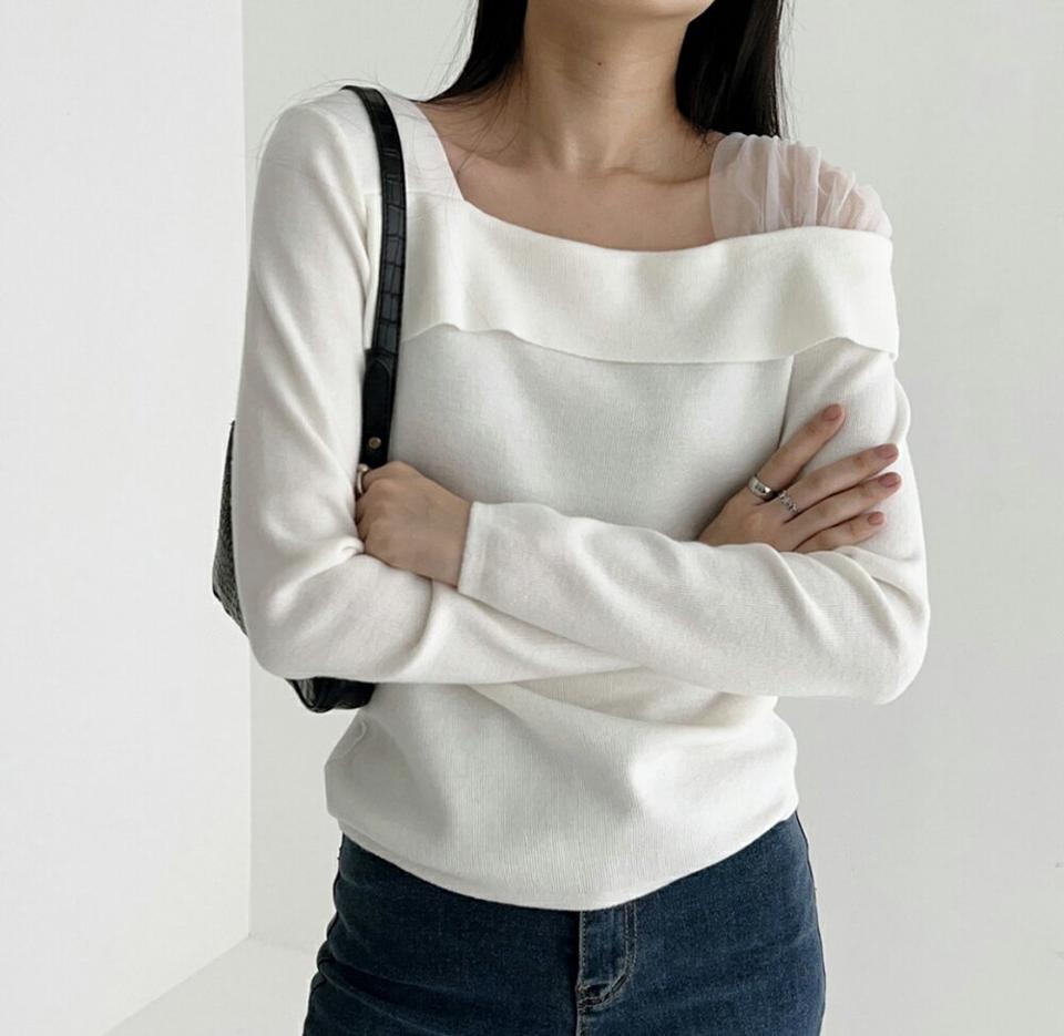 アンバランスシアーショルダーニット・p000073 レディース 【tops】トップス ニット 長袖 アンバランス シアー シースルー 透け感 袖コン デコルテ シンプル かわいい 可愛い 大人 秋 冬 韓国ファッション MKT