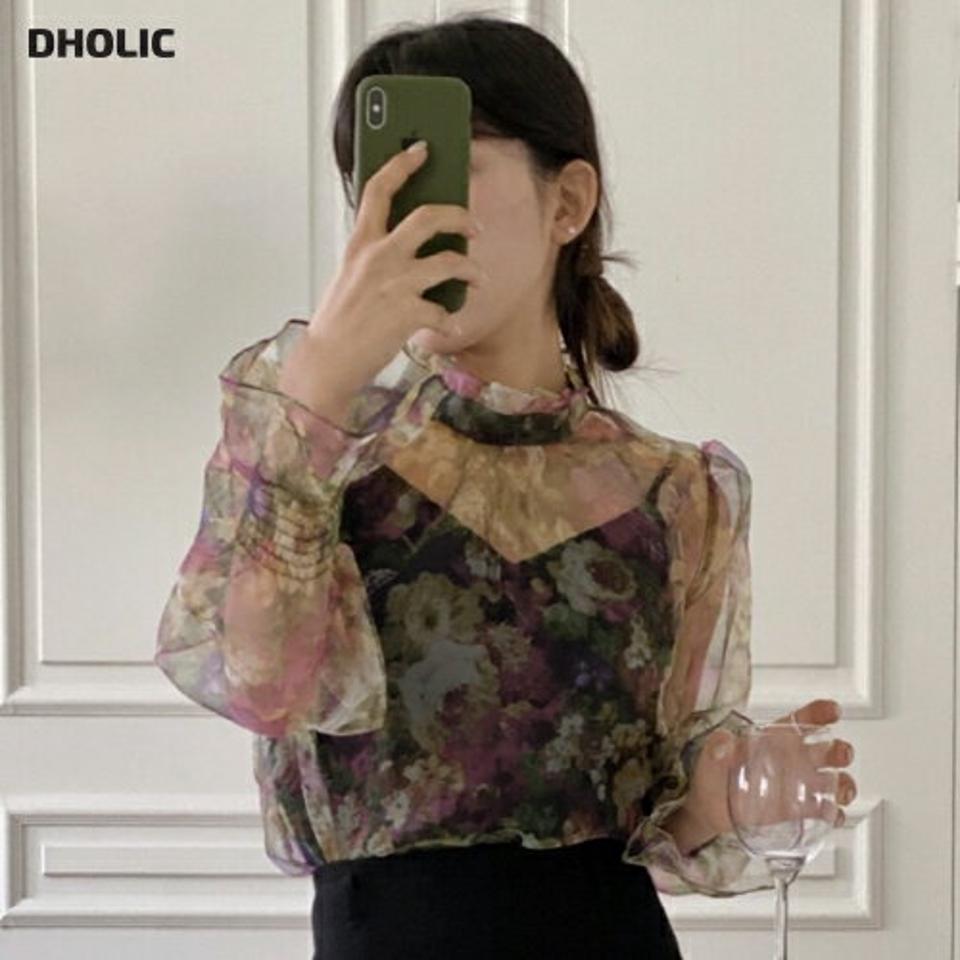 【マケット特価】花柄キャンディスリーブシアーブラウス・p000070 レディース 【bl】トップス ブラウス 長袖 シアー シースルー 透け感 キャンディスリーブ 花柄 ハイネック フリル かわいい 可愛い 上品 秋 冬 韓国ファッション MKT セール