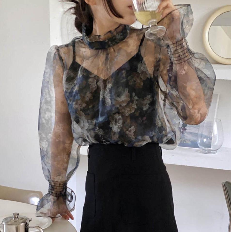 【マケット特価】花柄キャンディスリーブシアーブラウス・p000070 レディース 【bl】トップス ブラウス 長袖 シアー シースルー 透け感 キャンディスリーブ 花柄 ハイネック フリル かわいい 可愛い 上品 秋 冬 韓国ファッション MKT セール