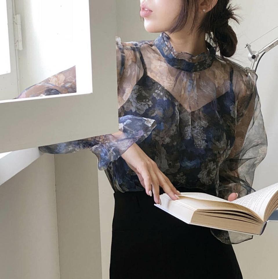 【マケット特価】花柄キャンディスリーブシアーブラウス・p000070 レディース 【bl】トップス ブラウス 長袖 シアー シースルー 透け感 キャンディスリーブ 花柄 ハイネック フリル かわいい 可愛い 上品 秋 冬 韓国ファッション MKT セール