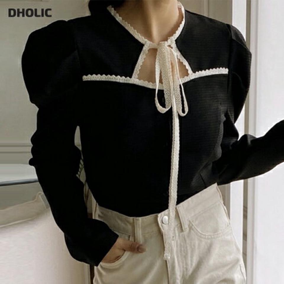 リボンスリットパフブラウス・p000027 レディース 【bl】トップス ブラウス 長袖 りぼん スリット パフスリーブ 襟コン フェミニン ガーリー かわいい 可愛い バイカラー 秋 冬 韓国ファッション MKT