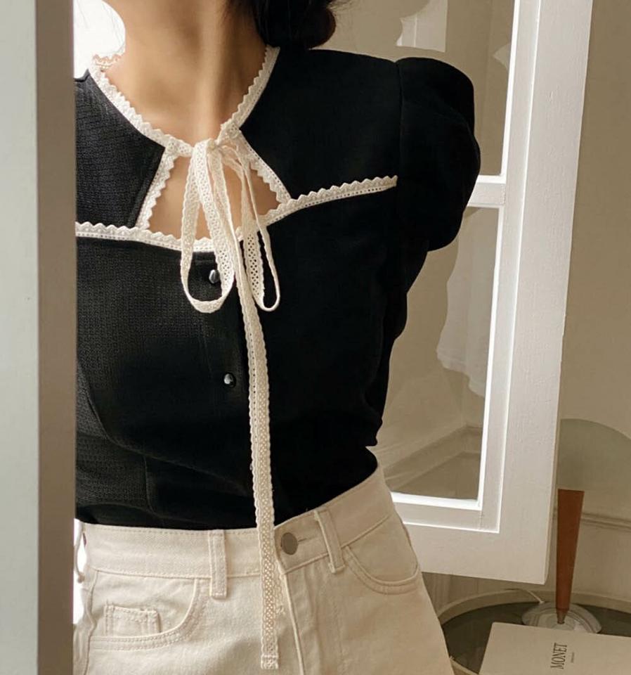 リボンスリットパフブラウス・p000027 レディース 【bl】トップス ブラウス 長袖 りぼん スリット パフスリーブ 襟コン フェミニン ガーリー かわいい 可愛い バイカラー 秋 冬 韓国ファッション MKT