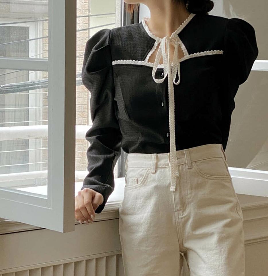 リボンスリットパフブラウス・p000027 レディース 【bl】トップス ブラウス 長袖 りぼん スリット パフスリーブ 襟コン フェミニン ガーリー かわいい 可愛い バイカラー 秋 冬 韓国ファッション MKT