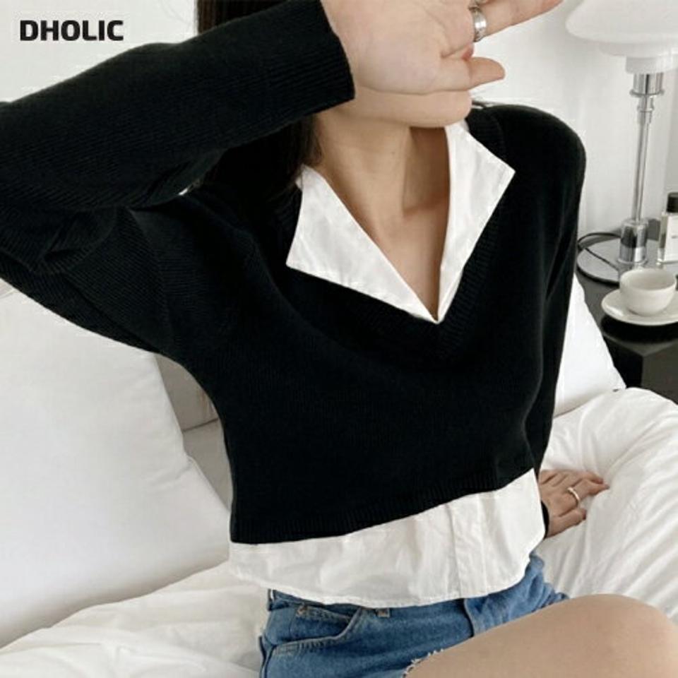 【マケット特価】シャツレイヤード風リブニット・p000024 レディース 【tops】トップス ニット 異素材 シャツ レイヤード 襟 長袖 バイカラー カジュアル クロップド丈 大人 デコルテ リブ 秋 冬 韓国ファッション MKT セール