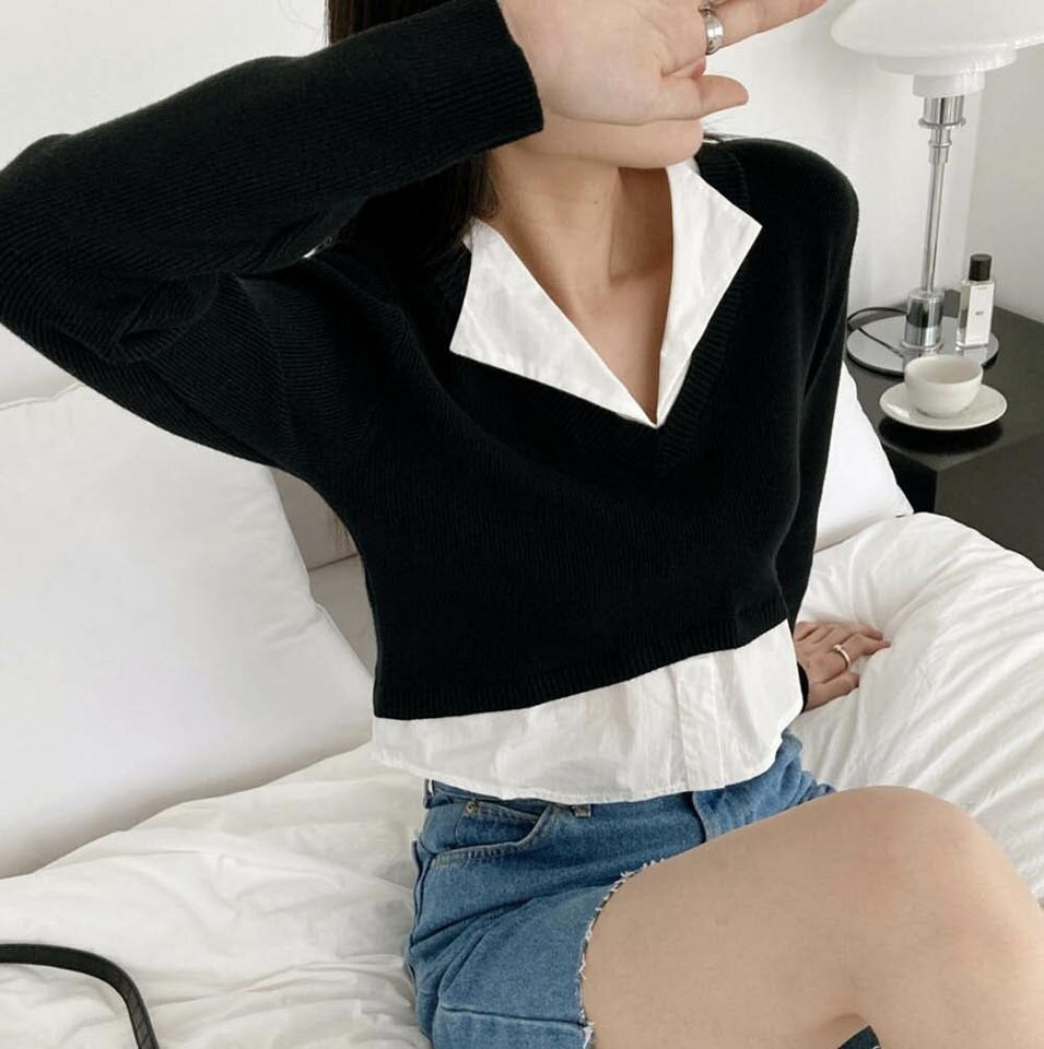【マケット特価】シャツレイヤード風リブニット・p000024 レディース 【tops】トップス ニット 異素材 シャツ レイヤード 襟 長袖 バイカラー カジュアル クロップド丈 大人 デコルテ リブ 秋 冬 韓国ファッション MKT セール