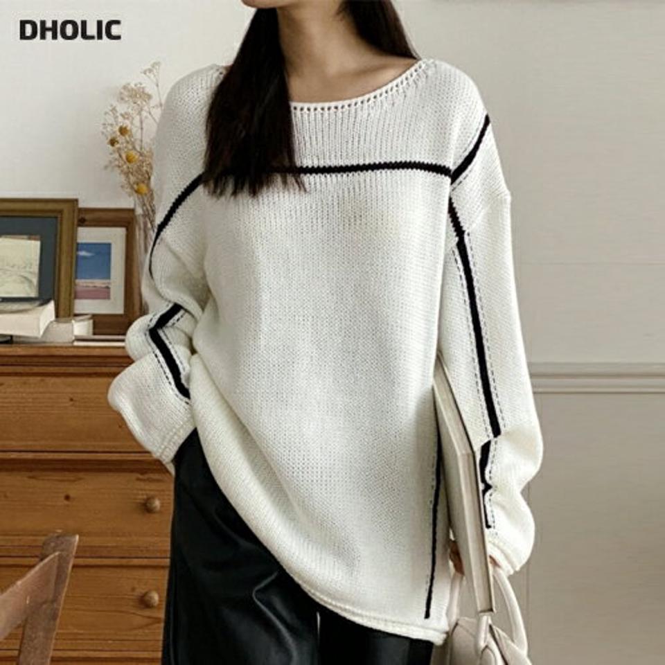 配色ラインボートネックニット・p000022 レディース 【tops】トップス ニット 長袖 ライン ボートネック バイカラー 配色 シンプル カジュアル ゆったり ラフ 体型カバー オーバーサイズ 秋 冬 韓国ファッション MKT