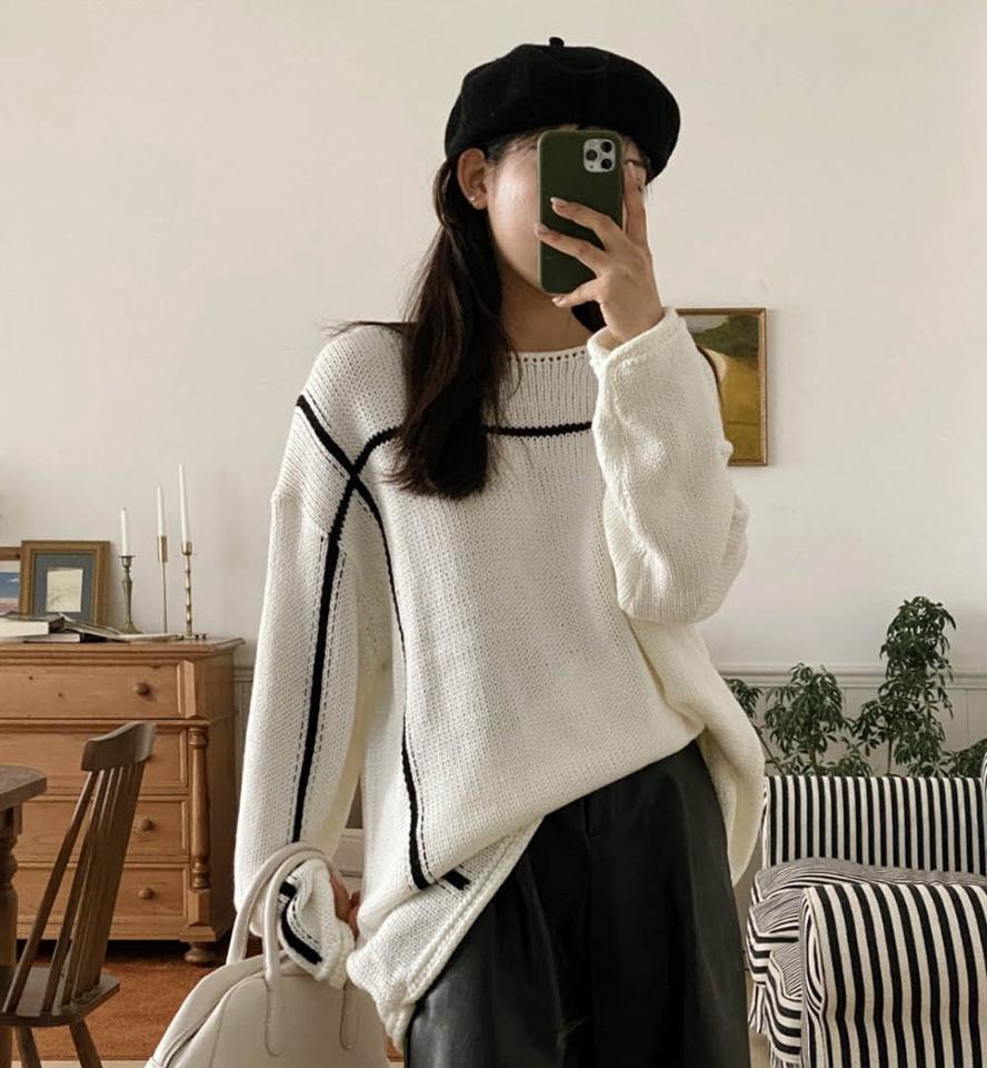 配色ラインボートネックニット・p000022 レディース 【tops】トップス ニット 長袖 ライン ボートネック バイカラー 配色 シンプル カジュアル ゆったり ラフ 体型カバー オーバーサイズ 秋 冬 韓国ファッション MKT