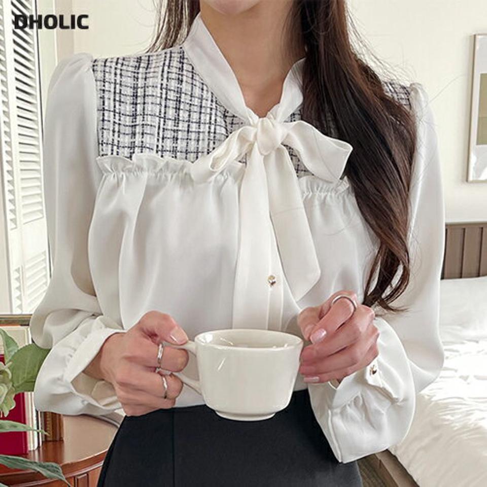 ツイード配色リボンブラウス・t00349 レディース 【bl】トップス ブラウス 長袖 配色 りぼん ツイード きれいめ 上品 大人 フリル ボウタイ りぼん 襟コン オフィス ガーリー かわいい 可愛い ギャザー パフスリーブ 秋 冬 韓国ファッション