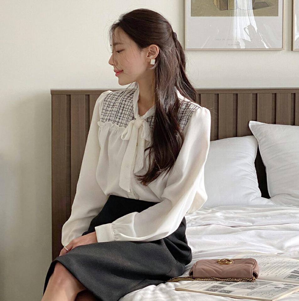 ツイード配色リボンブラウス・t00349 レディース 【bl】トップス ブラウス 長袖 配色 りぼん ツイード きれいめ 上品 大人 フリル ボウタイ りぼん 襟コン オフィス ガーリー かわいい 可愛い ギャザー パフスリーブ 秋 冬 韓国ファッション