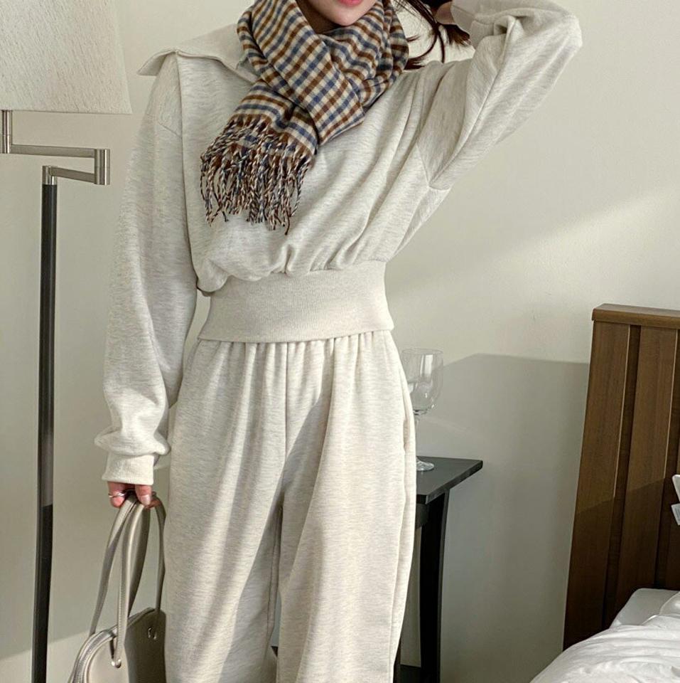 裏起毛ビッグカラージップスウェット&ワイドパンツSET・t00348 レディース 【pt】セットアップ setup トップス トレーナー 長袖 スウェット パンツ ズボン ロング ウエストゴム ハーフジップ 裏起毛 無地 シンプル カジュアル 冬 韓国ファッション