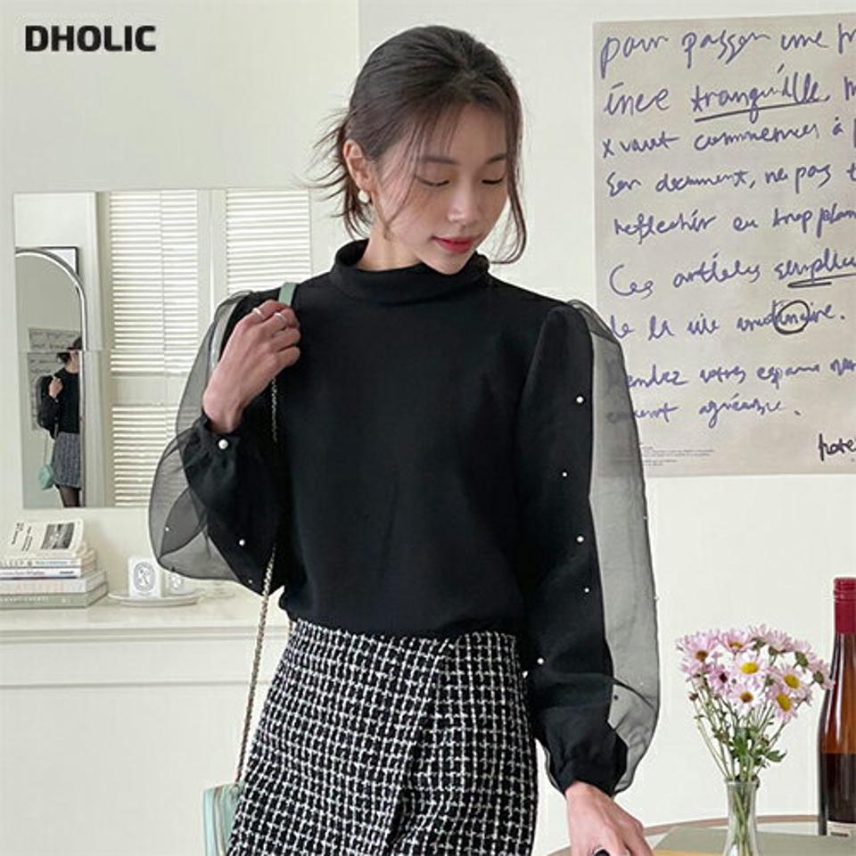 ハーフネックフェイクパールブラウス・t00174 レディース 【bl】トップス ブラウス 長袖 透け感 シアー シースルー パール ハーフネック 上品 きれいめ 大人 フェミニン オケージョン オフィス パフスリーブ 秋 冬 韓国ファッション