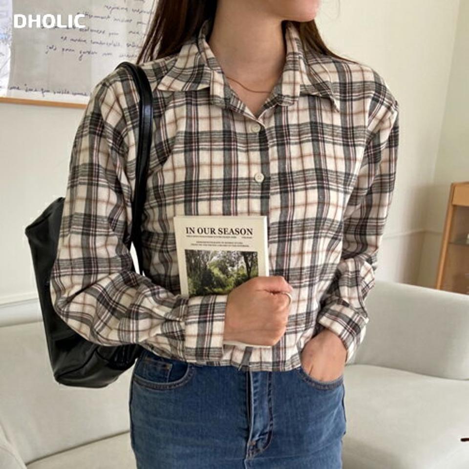 チェッククロップドコットンシャツ・p000075 レディース 【bl】トップス シャツ 長袖 コットン 綿 チェック柄 襟 カジュアル ラフ クロップド丈 ショート丈 秋 冬 韓国ファッション MKT