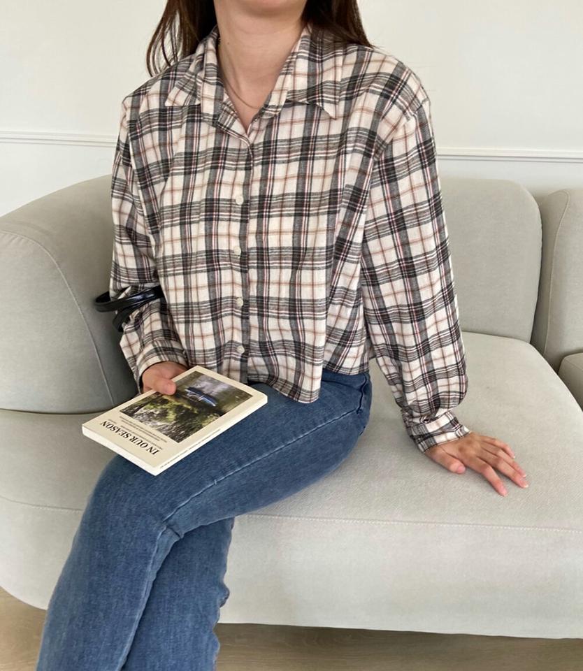 チェッククロップドコットンシャツ・p000075 レディース 【bl】トップス シャツ 長袖 コットン 綿 チェック柄 襟 カジュアル ラフ クロップド丈 ショート丈 秋 冬 韓国ファッション MKT