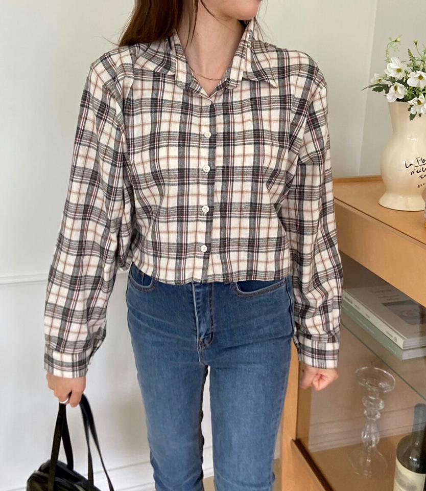 チェッククロップドコットンシャツ・p000075 レディース 【bl】トップス シャツ 長袖 コットン 綿 チェック柄 襟 カジュアル ラフ クロップド丈 ショート丈 秋 冬 韓国ファッション MKT