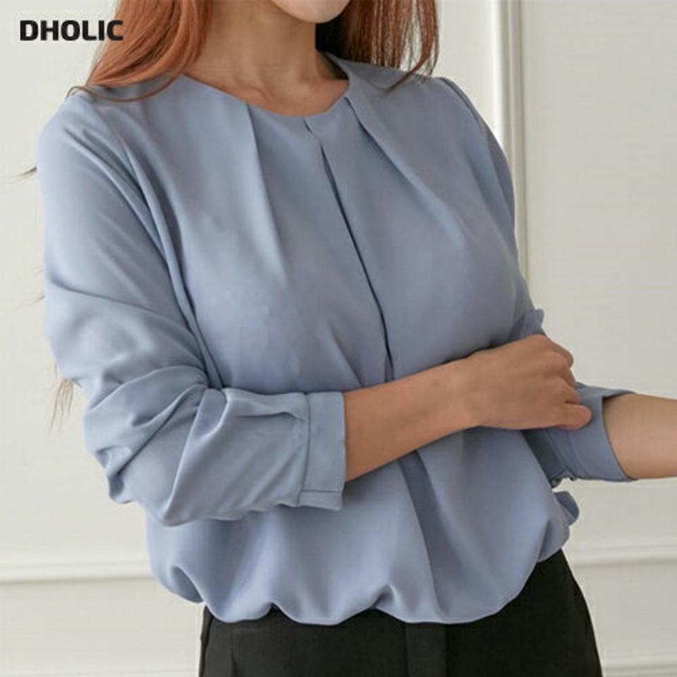 タックラウンドネックブラウス・p000120 レディース 【bl】トップス ブラウス 長袖 タック ラウンドネック 単色 無地 シンプル フェミニン 大人 オフィス オケージョン お呼ばれ 水色 ブルー 秋 冬 韓国ファッション MKT