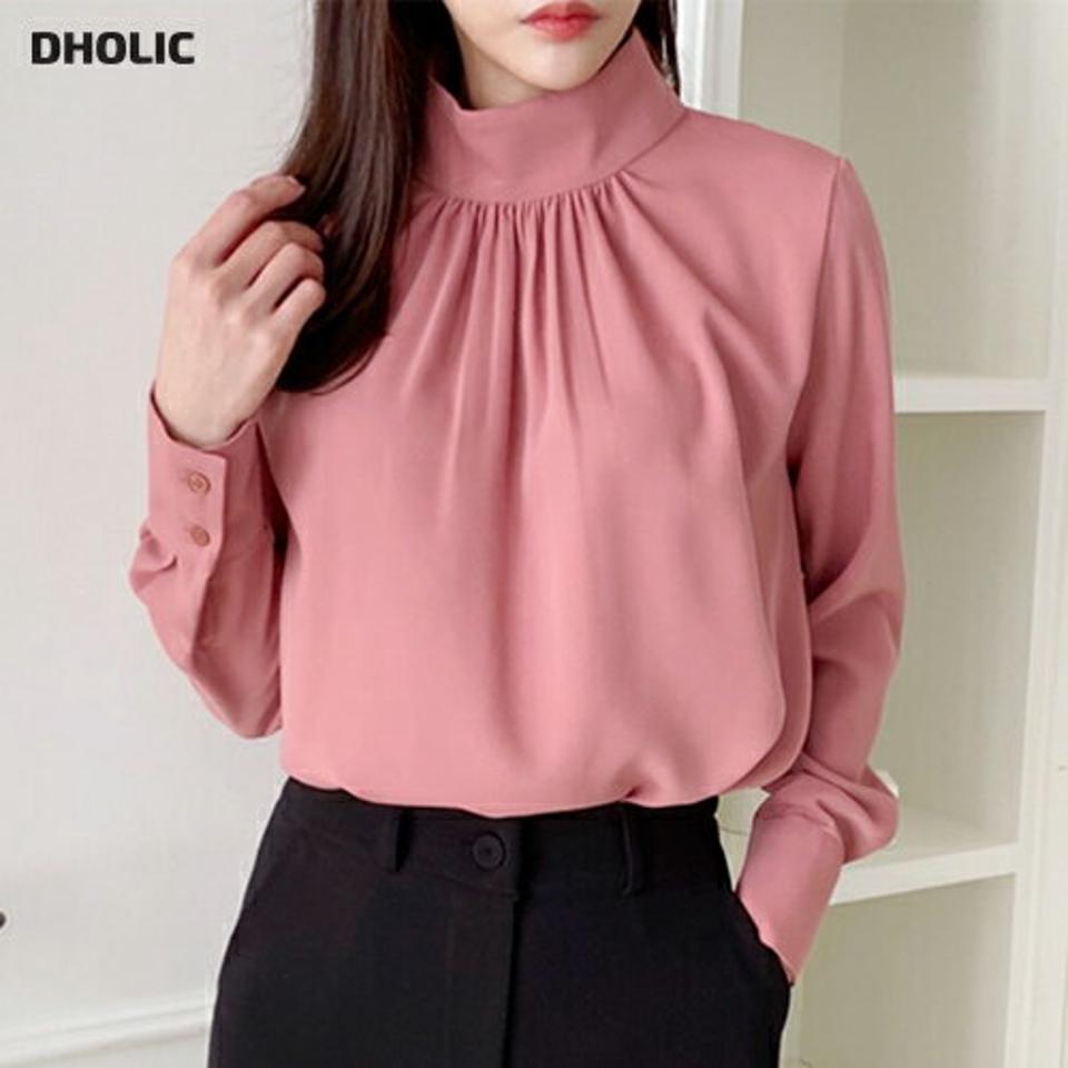 【スーパーセール特価】ハイネックギャザーブラウス・p000138 レディース 【bl】トップス ブラウス 長袖 ギャザー ハイネック 単色 無地 シンプル 大人 きれいめ ピンク フェミニン オフィス オケージョン お呼ばれ 秋 冬 韓国ファッション MKT