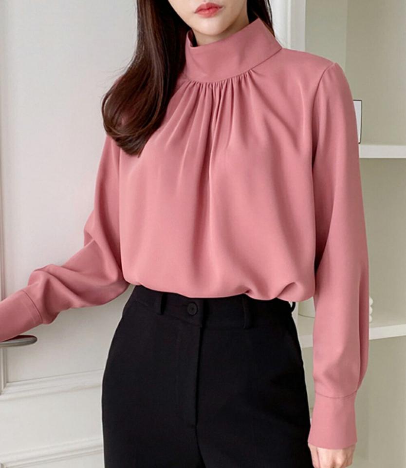 【スーパーセール特価】ハイネックギャザーブラウス・p000138 レディース 【bl】トップス ブラウス 長袖 ギャザー ハイネック 単色 無地 シンプル 大人 きれいめ ピンク フェミニン オフィス オケージョン お呼ばれ 秋 冬 韓国ファッション MKT