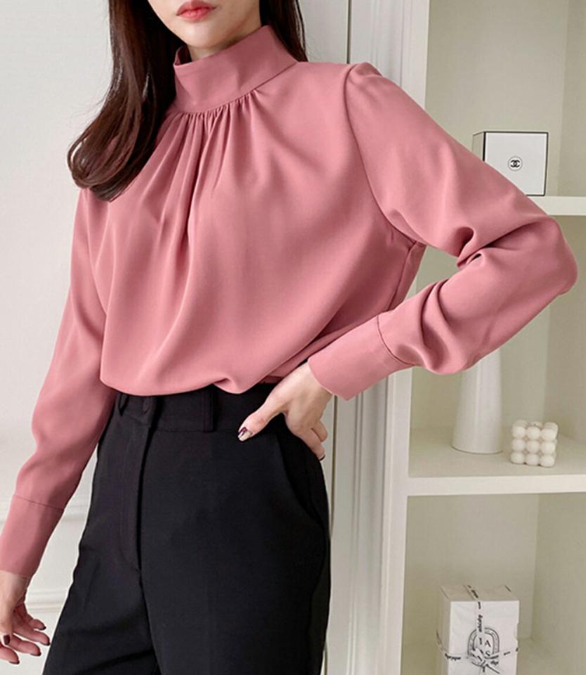 【スーパーセール特価】ハイネックギャザーブラウス・p000138 レディース 【bl】トップス ブラウス 長袖 ギャザー ハイネック 単色 無地 シンプル 大人 きれいめ ピンク フェミニン オフィス オケージョン お呼ばれ 秋 冬 韓国ファッション MKT