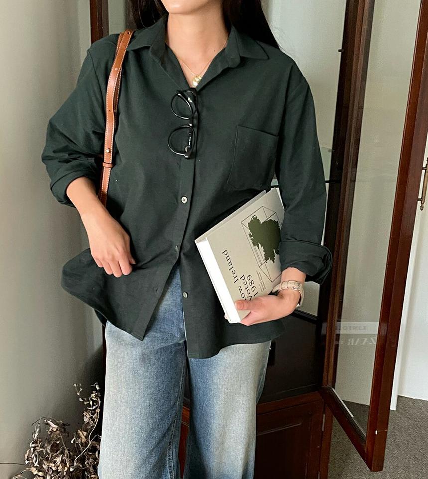 【マラソン特価】起毛ワンポケットコットンシャツ・p000060 レディース 【bl】トップス シャツ 長袖 コットン 綿 単色 無地 シンプル ベーシック 起毛 大人 カラーシャツ 緑 グリーン 秋 冬 韓国ファッション MKT セール