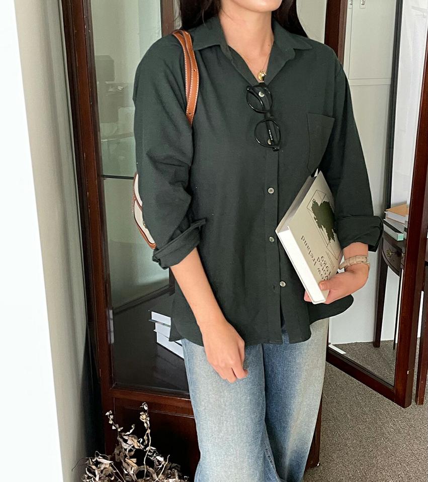 【マラソン特価】起毛ワンポケットコットンシャツ・p000060 レディース 【bl】トップス シャツ 長袖 コットン 綿 単色 無地 シンプル ベーシック 起毛 大人 カラーシャツ 緑 グリーン 秋 冬 韓国ファッション MKT セール