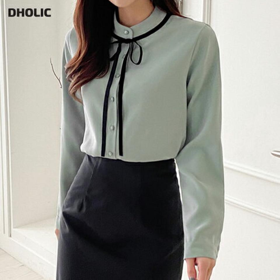リボン配色バンドカラーブラウス・p000137 レディース 【bl】トップス ブラウス 長袖 バイカラー バンドカラー りぼん シック 大人 ミント グリーン 緑 きれいめ オフィス オケージョン 秋 冬 韓国ファッション MKT