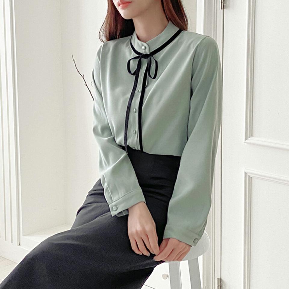 リボン配色バンドカラーブラウス・p000137 レディース 【bl】トップス ブラウス 長袖 バイカラー バンドカラー りぼん シック 大人 ミント グリーン 緑 きれいめ オフィス オケージョン 秋 冬 韓国ファッション MKT