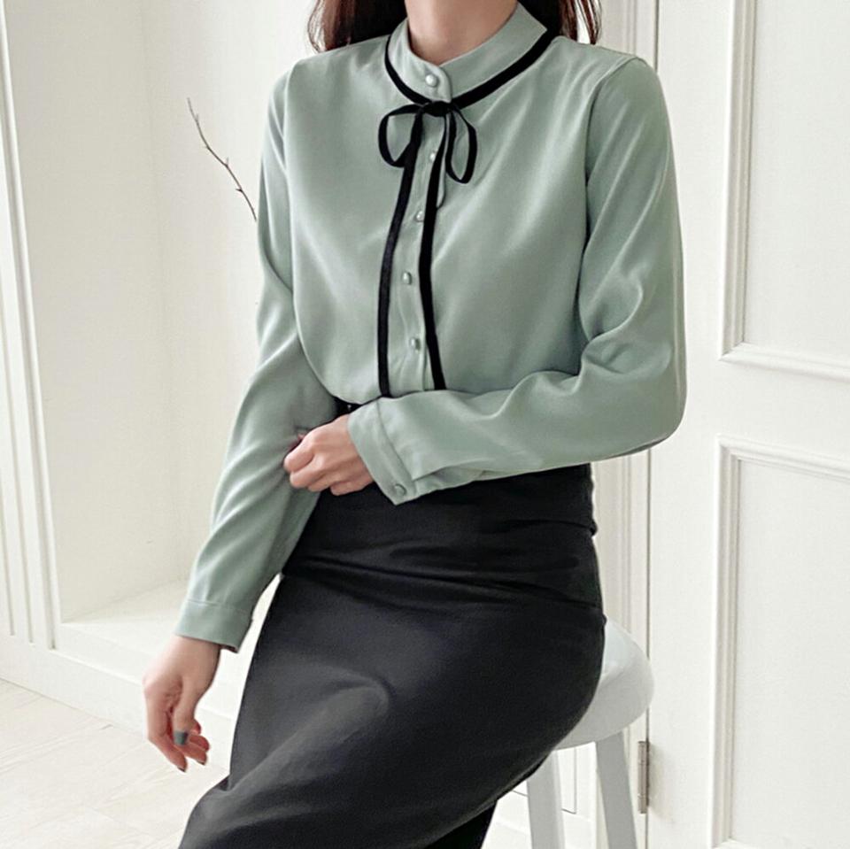 リボン配色バンドカラーブラウス・p000137 レディース 【bl】トップス ブラウス 長袖 バイカラー バンドカラー りぼん シック 大人 ミント グリーン 緑 きれいめ オフィス オケージョン 秋 冬 韓国ファッション MKT