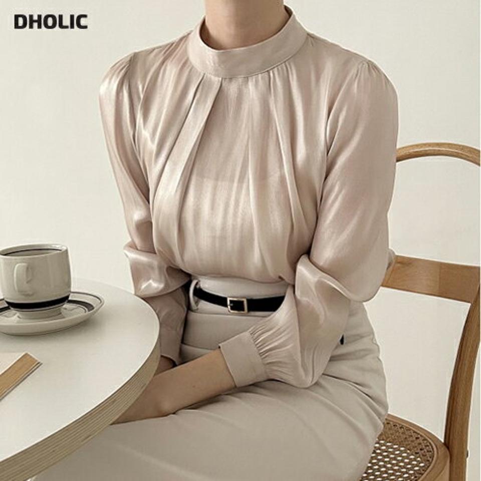 タックハーフネックシルキーブラウス・p000091 レディース 【bl】トップス ブラウス 長袖 シルキー ハーフネック ツヤ 光沢感 タック フェミニン 大人 きれいめ 上品 オケージョン オフィス 単色 秋 冬 韓国ファッション MKT