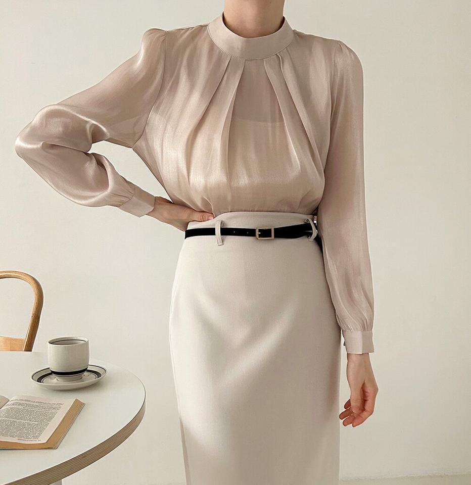 タックハーフネックシルキーブラウス・p000091 レディース 【bl】トップス ブラウス 長袖 シルキー ハーフネック ツヤ 光沢感 タック フェミニン 大人 きれいめ 上品 オケージョン オフィス 単色 秋 冬 韓国ファッション MKT
