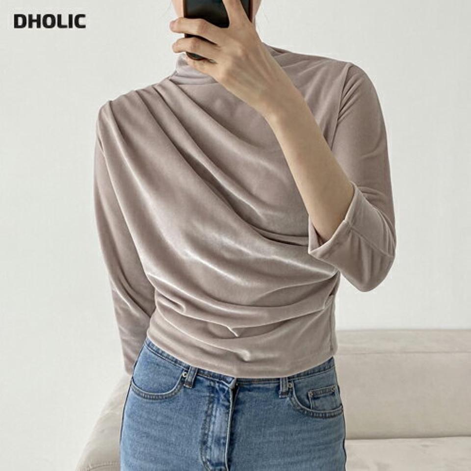 ドレープベロアTシャツ・p000229 レディース 【tops】トップス Tシャツ 長袖 ドレープ ベロア 上品 きれいめ 大人 フェミニン スリム クロップド丈 ショート丈 単色 シンプル 秋 冬 韓国ファッション MKT