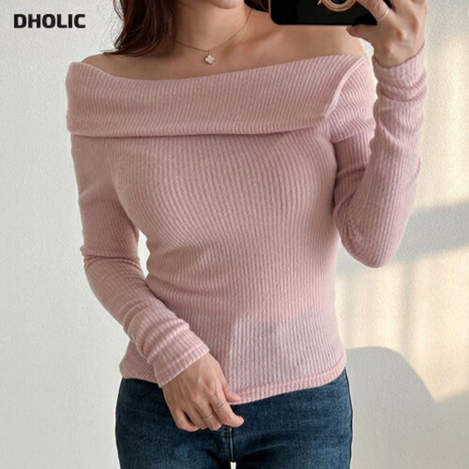 【マケット特価】起毛ワンショルダーリブTシャツ・p000240 レディース 【tops】トップス Tシャツ 長袖 リブ ワンショルダー 肩出し 起毛 単色 無地 シンプル かわいい 可愛い 肌見せ ピンク パステル 秋 冬 韓国ファッション MKT セール