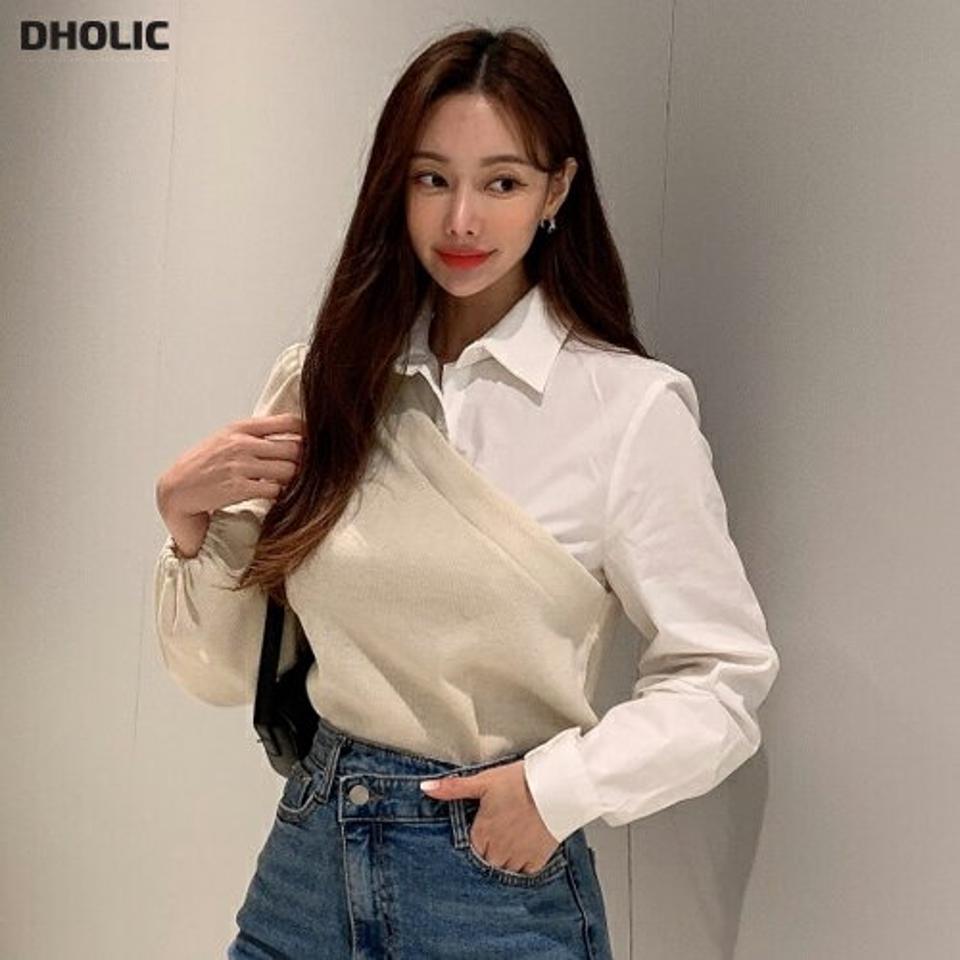 【マケット特価】シャツドッキングTシャツ・p000313 レディース 【tops】トップス Tシャツ 異素材 ドッキング シャツ 襟 長袖 単色 無地 シンプル かわいい 可愛い 大人 ユニーク 個性的 レイヤード風 秋 冬 韓国ファッション MKT セール