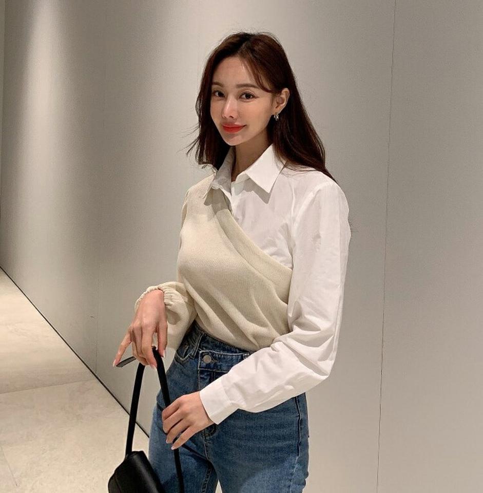 【マケット特価】シャツドッキングTシャツ・p000313 レディース 【tops】トップス Tシャツ 異素材 ドッキング シャツ 襟 長袖 単色 無地 シンプル かわいい 可愛い 大人 ユニーク 個性的 レイヤード風 秋 冬 韓国ファッション MKT セール