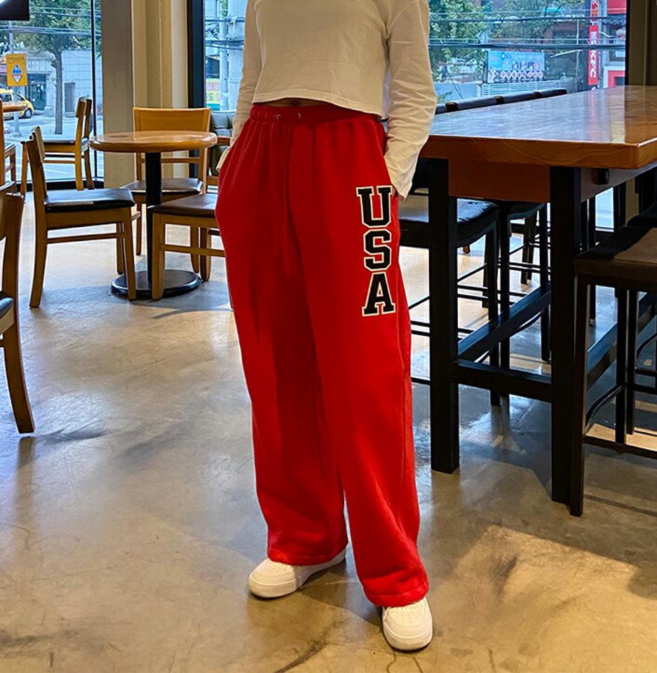 2WAY裏起毛USAスウェットパンツ・p000208 レディース 【pt】パンツ ズボン ロング スウェット ロゴ 裏起毛 ウエストゴム 楽ちん ラフ カジュアル 体型カバー ワンマイルウェア ジョガーパンツ 冬 韓国ファッション MKT