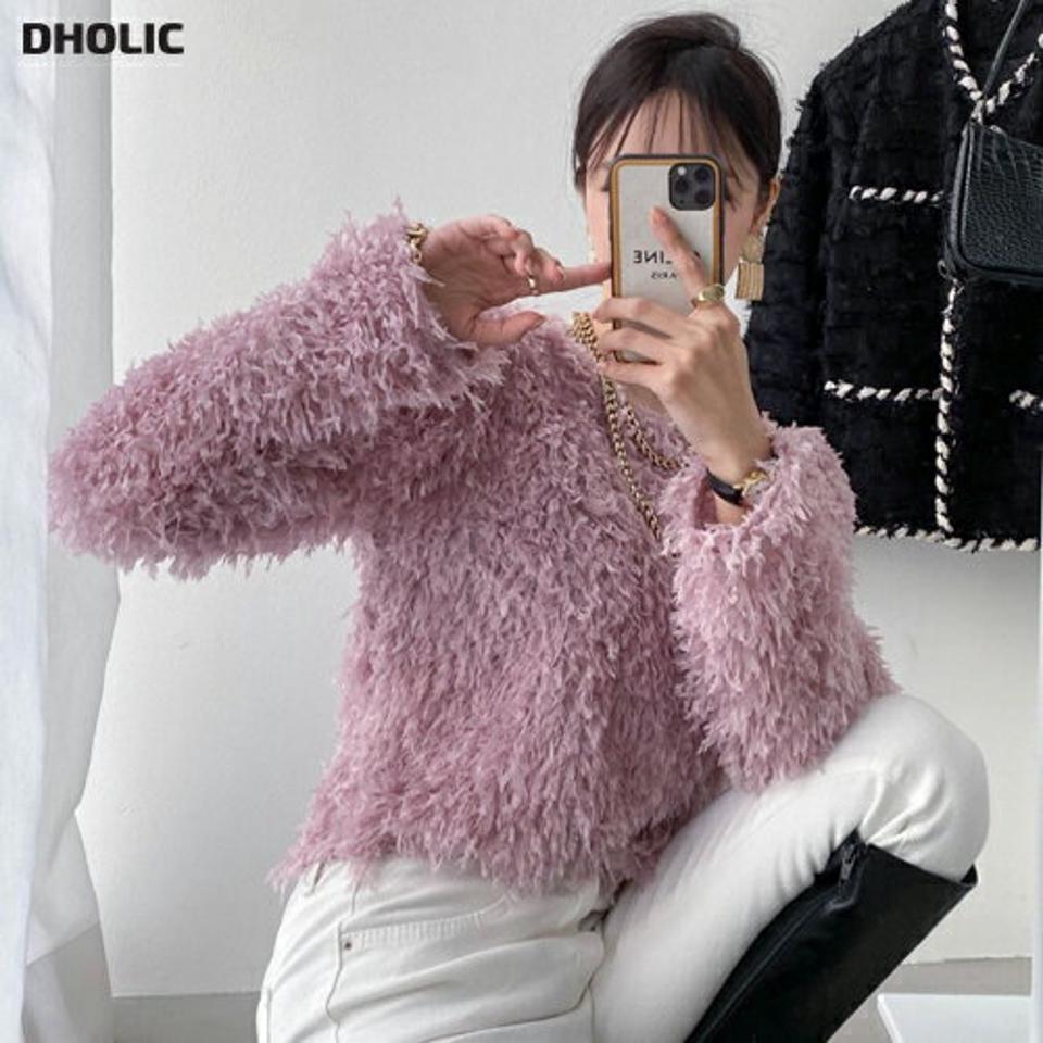 フェザー調ラウンドネックブラウス・p000241 レディース 【bl】トップス ブラウス 長袖 ラウンドネック フェザー もこもこ シャギー パイル ふわふわ 可愛い 単色 無地 ユニーク 個性的 ピンク 大人 秋 冬 韓国ファッション MKT