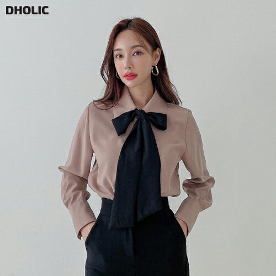 配色リボンカラーブラウス・p000095 レディース 【bl】トップス ブラウス 長袖 りぼん ボウタイ 襟コン 配色 バイカラー 単色 無地 シンプル かわいい 可愛い 大人 オケージョン オフィス 結婚式 秋 冬 韓国ファッション MKT
