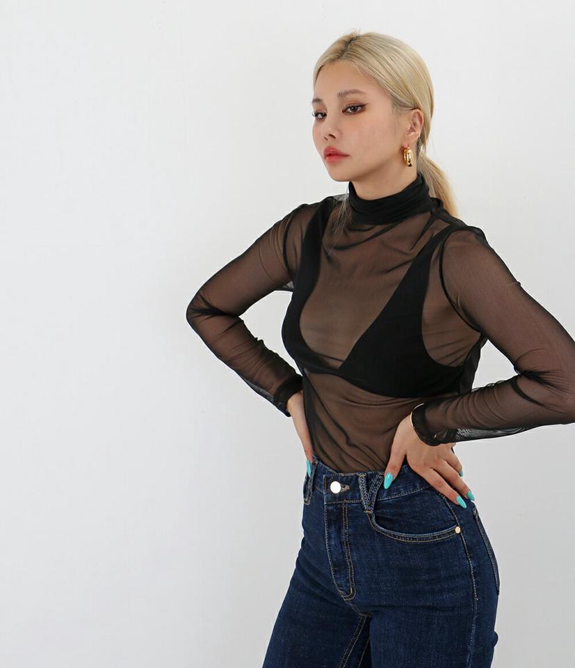 シアータートルネック長袖Tシャツ・p000282 レディース 【tops】トップス Tシャツ 長袖 タートルネック 透け感 シアー シースルー フェミニン レイヤード 単色 無地 シンプル 大人 秋　冬 韓国ファッション MKT