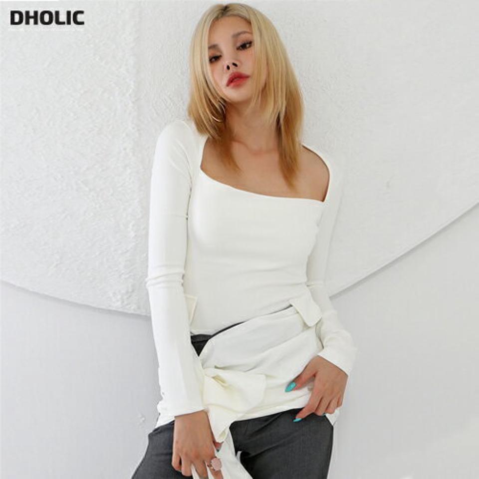 【マケット特価】ワイドスクエアネックフラップTシャツ・p000275 レディース 【tops】トップス Tシャツ 長袖 スクエアネック デコルテ 単色 無地 シンプル 大人 スリム きれいめ フラップポケット 秋 冬 韓国ファッション MKT セール