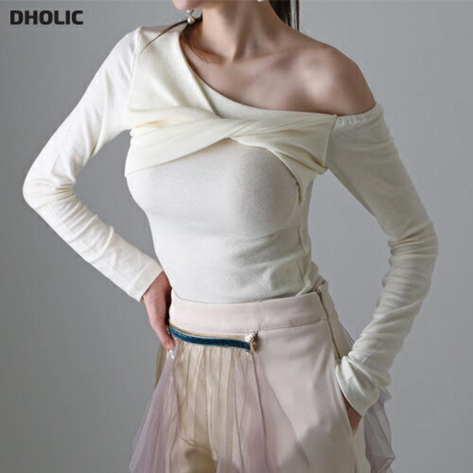 ウール混ツイスト長袖Tシャツ・p000289 レディース 【tops】トップス Tシャツ 長袖 ロンT ツイスト 単色 無地 肩出し ワンショルダー 肌見せ 露出 大人 セクシー りぼん かわいい スリム 秋 冬 韓国ファッション MKT