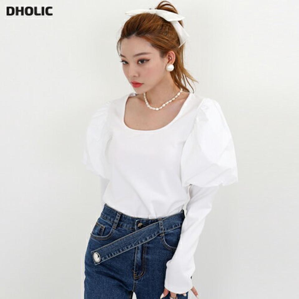【マケット特価】UネックパフTシャツ・p000271 レディース 【tops】トップス Tシャツ 長袖 パフスリーブ Uネック ボリューム袖 袖コン デコルテ 深い 単色 無地 シンプル かわいい カジュアル 秋 冬 韓国ファッション MKT セール