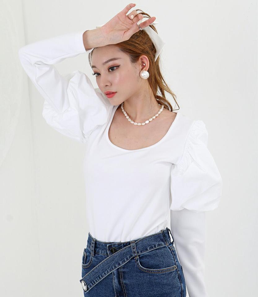 【マケット特価】UネックパフTシャツ・p000271 レディース 【tops】トップス Tシャツ 長袖 パフスリーブ Uネック ボリューム袖 袖コン デコルテ 深い 単色 無地 シンプル かわいい カジュアル 秋 冬 韓国ファッション MKT セール