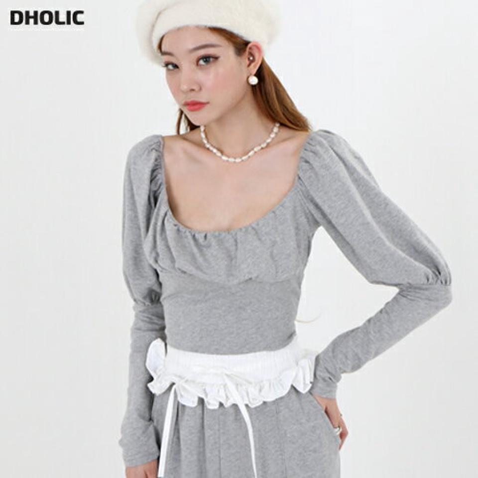 【マケット特価】ワイドUネックパフTシャツ・p000268 レディース 【tops】トップス Tシャツ 長袖 ロンT パフスリーブ Uネック デコルテ 胸元 肌見せ セクシー 単色 無地 大人 カジュアル 秋 冬 韓国ファッション MKT セール