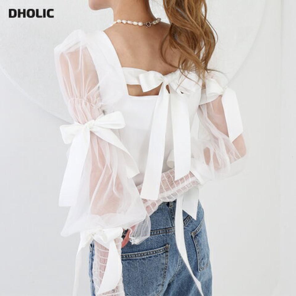 【マケット特価】シアースリーブリボンブラウス・p000277 レディース 【bl】トップス ブラウス 長袖 りぼん バックシャン 背中 肌見せ 透け感 シアー シースルー 長袖 フェミニン かわいい 可愛い ガーリー 大人 秋 冬 韓国ファッション MKT セール