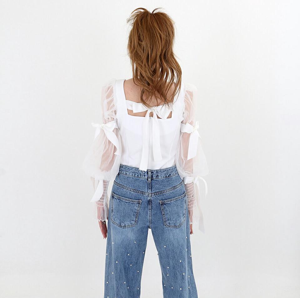 【マケット特価】シアースリーブリボンブラウス・p000277 レディース 【bl】トップス ブラウス 長袖 りぼん バックシャン 背中 肌見せ 透け感 シアー シースルー 長袖 フェミニン かわいい 可愛い ガーリー 大人 秋 冬 韓国ファッション MKT セール