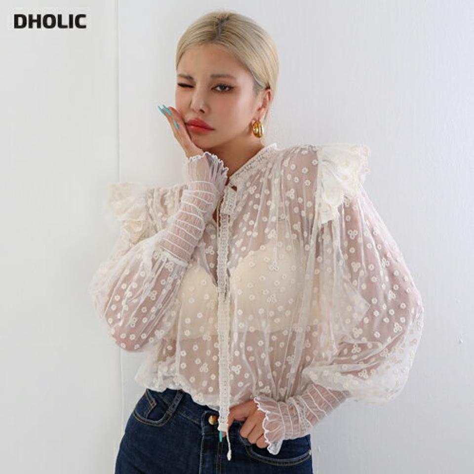 【マケット特価】花柄シアーレースリボンブラウス・p000281 レディース 【bl】トップス ブラウス 長袖 りぼん 花柄 シアー シースルー 透け感 総レース りぼん フリル ボウタイ かわいい 可愛い ガーリー レイヤード ユニーク 秋 冬 韓国ファッション MKT セール